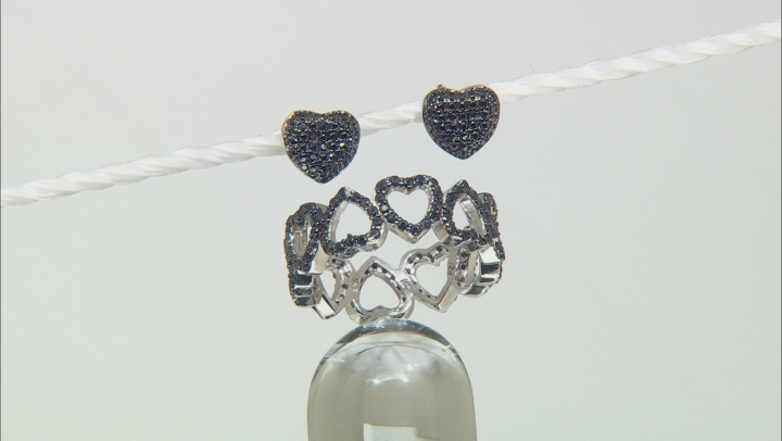 Black Spinel Rhodium Over Sterling Silver Heart Eternity Ring and Earring Set 1.94ctw Video Thumbnail