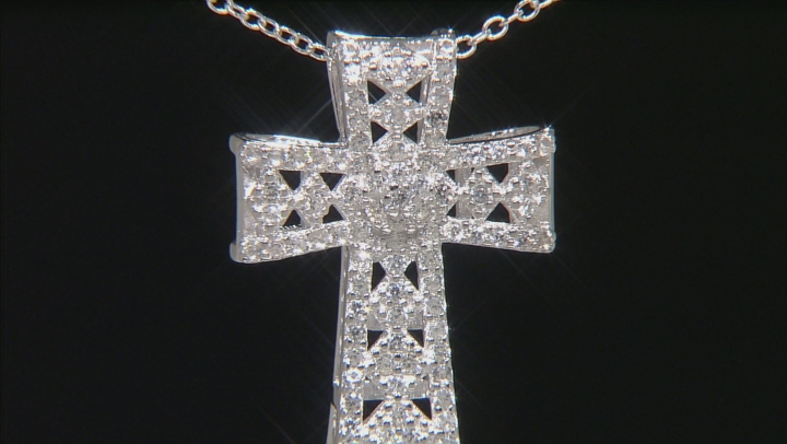 White Zircon Rhodium Over Sterling Silver Cross Slide With Chain 1.04ctw Video Thumbnail