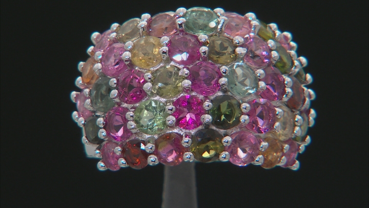 Multi-Tourmaline Rhodium Over Sterling Silver Dome Ring 5.90ctw Video Thumbnail