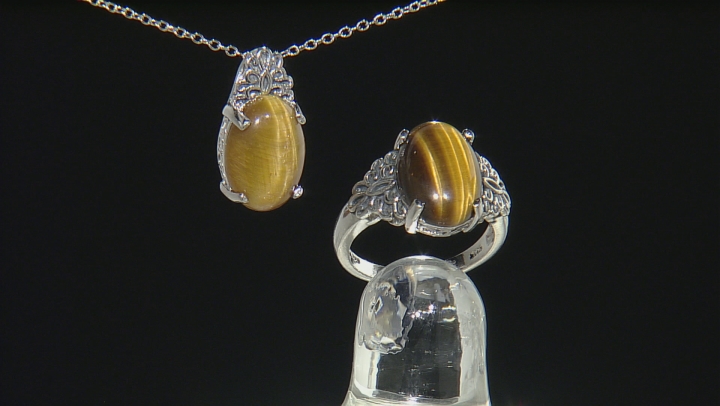Brown Tiger's Eye Rhodium Over Sterling Silver Jewelry Set Video Thumbnail