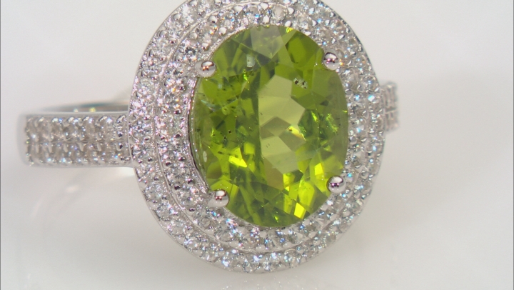 Green Peridot Rhodium Over Sterling Silver Ring 4.10ctw Video Thumbnail