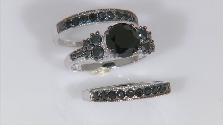 Black Spinel Rhodium Over Sterling Silver 3 Ring Set 3.92ctw Video Thumbnail