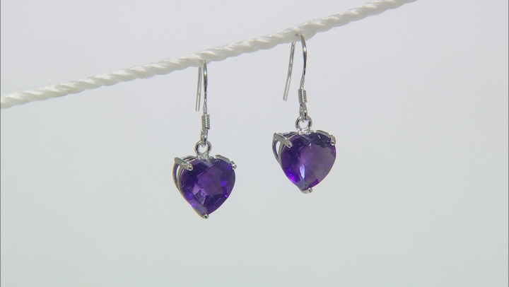 Purple African Amethyst Rhodium Over Sterling Silver Heart Shape Earrings 5.50ctw Video Thumbnail