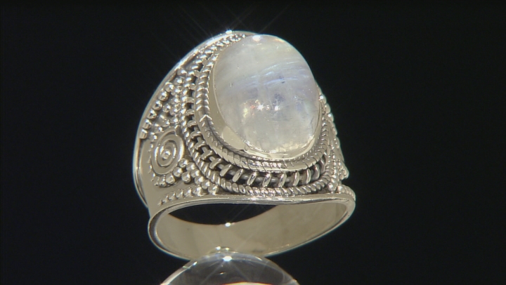 White Rainbow Moonstone Solitaire Sterling Silver Ring Video Thumbnail