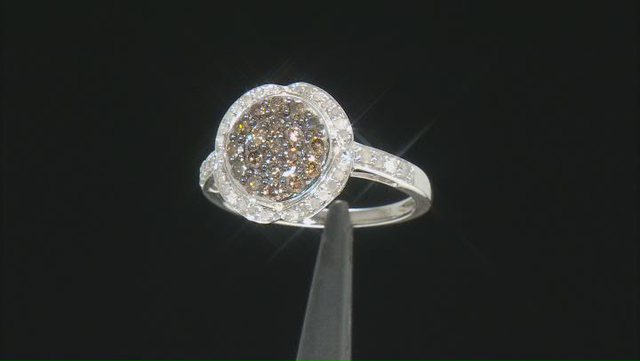 Champagne And White Diamond Rhodium Over Sterling Silver Cluster Ring 0.85ctw