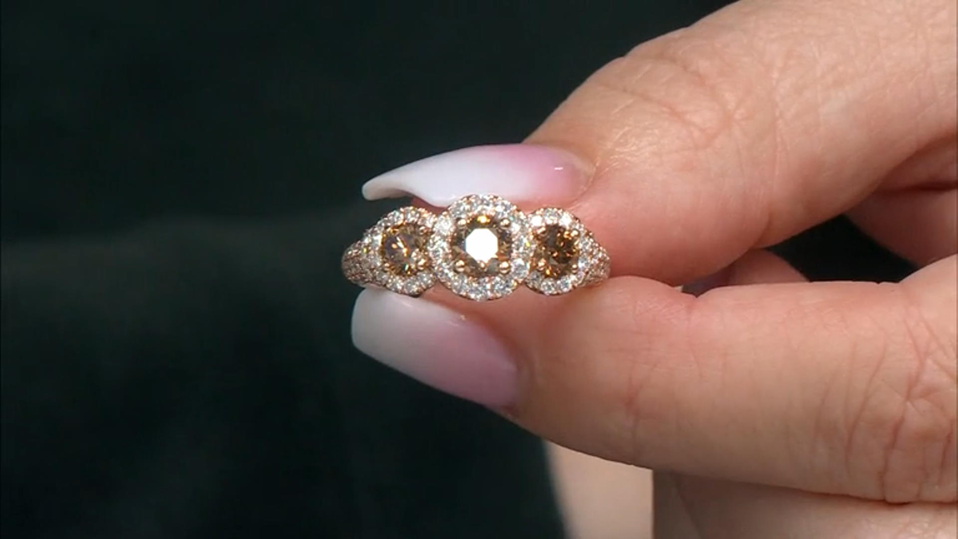 Champagne And White Diamond 10k Rose Gold 3-Stone Halo Ring 2.00ctw Video Thumbnail