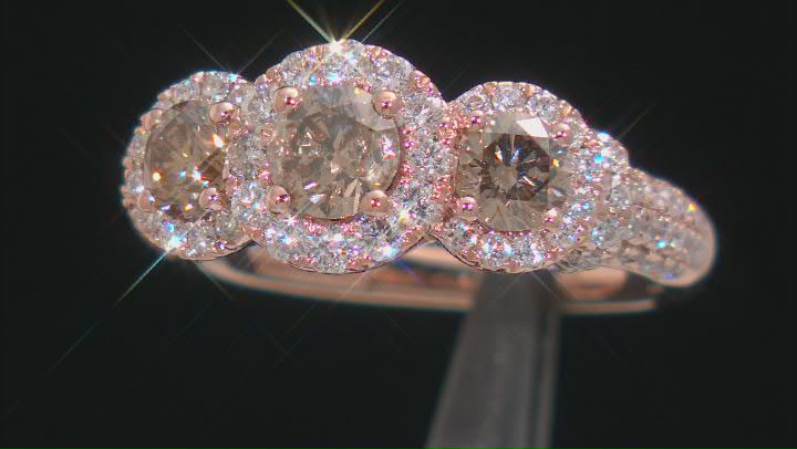 Champagne And White Diamond 10k Rose Gold 3-Stone Halo Ring 2.00ctw Video Thumbnail