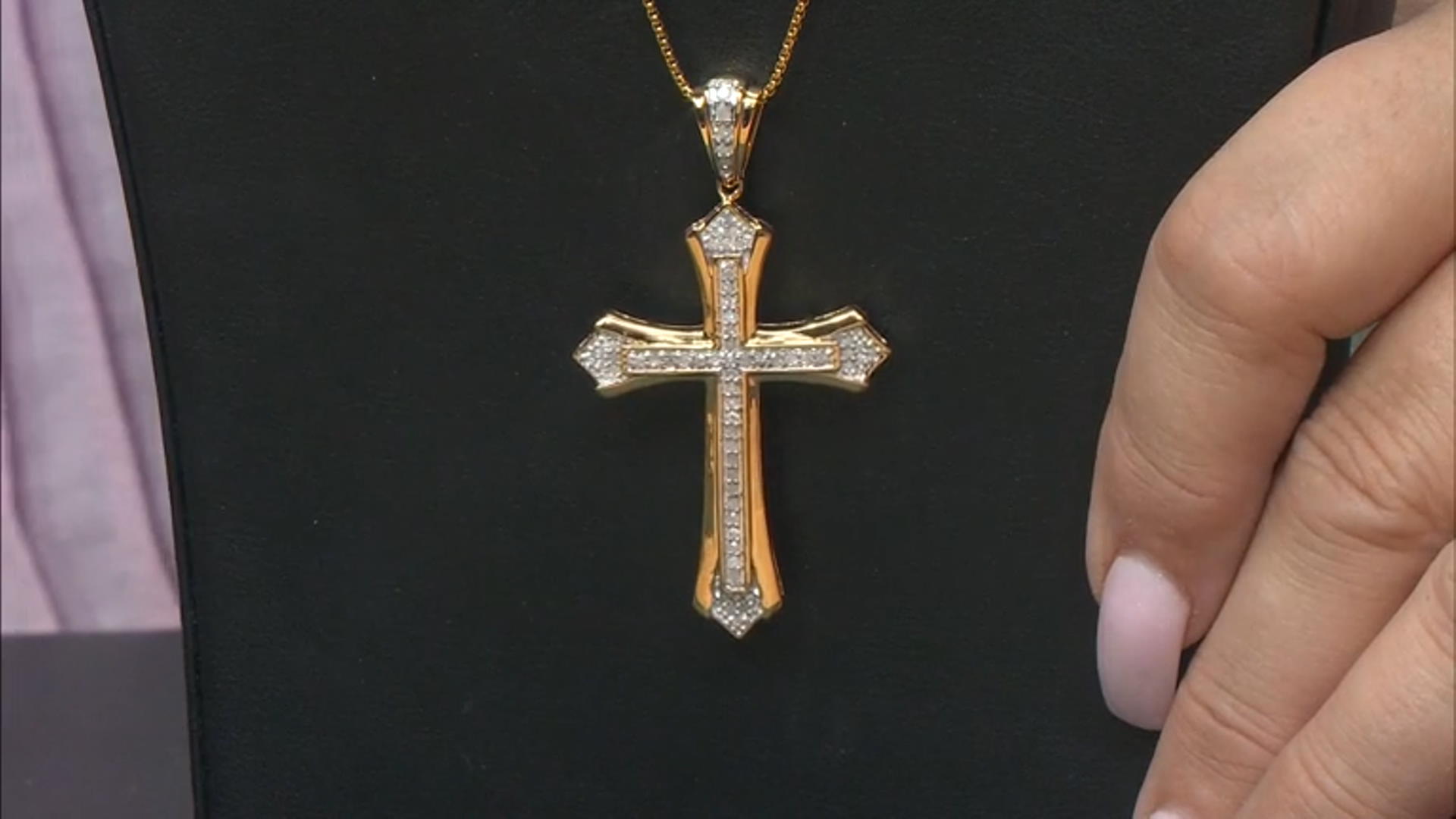 White Diamond 14k Yellow Gold Over Sterling Silver Mens Cross Pendant With 22" Chain 0.50ctw Video Thumbnail