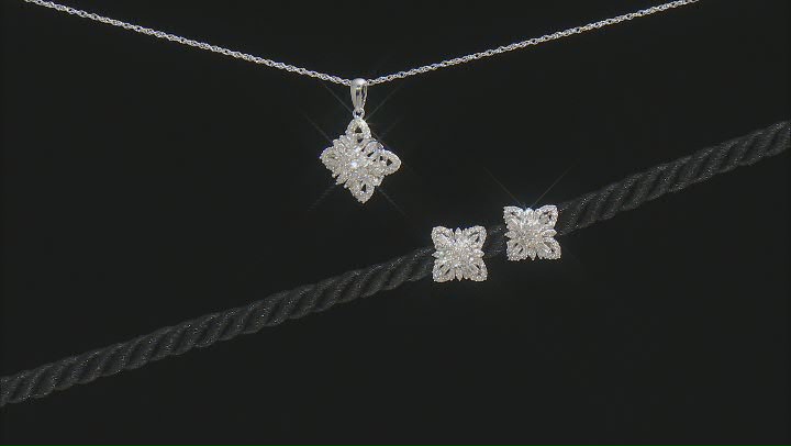 White Diamond 14k White Gold Cluster Earrings And Pendant Set 1.00ctw Video Thumbnail