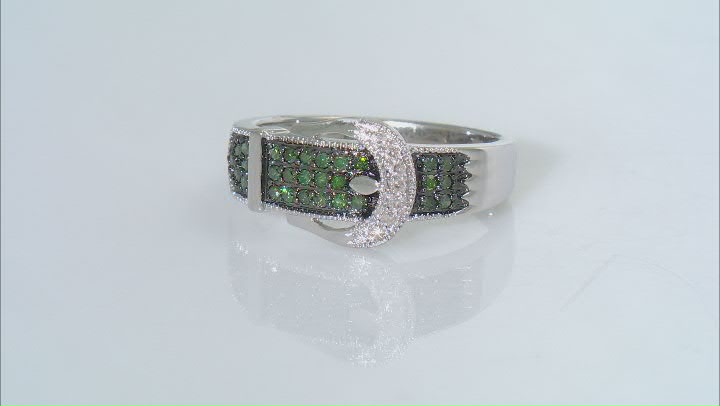 Green And White Diamond Rhodium Over Sterling Silver Buckle Ring 0.25ctw Video Thumbnail