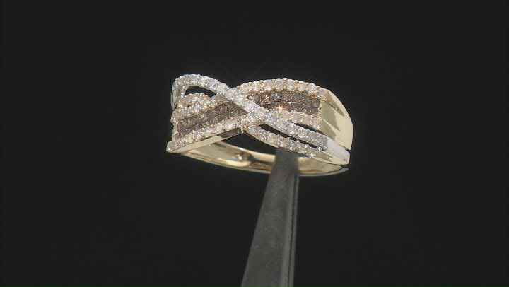 Champagne And White Diamond 10k Yellow Gold Crossover Band Ring 0.75ctw Video Thumbnail