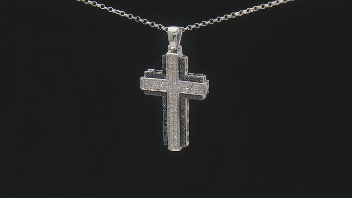 Black And White Diamond 10k White Gold Cross Pendant With 22" Rolo Chain 1.00ctw Video Thumbnail