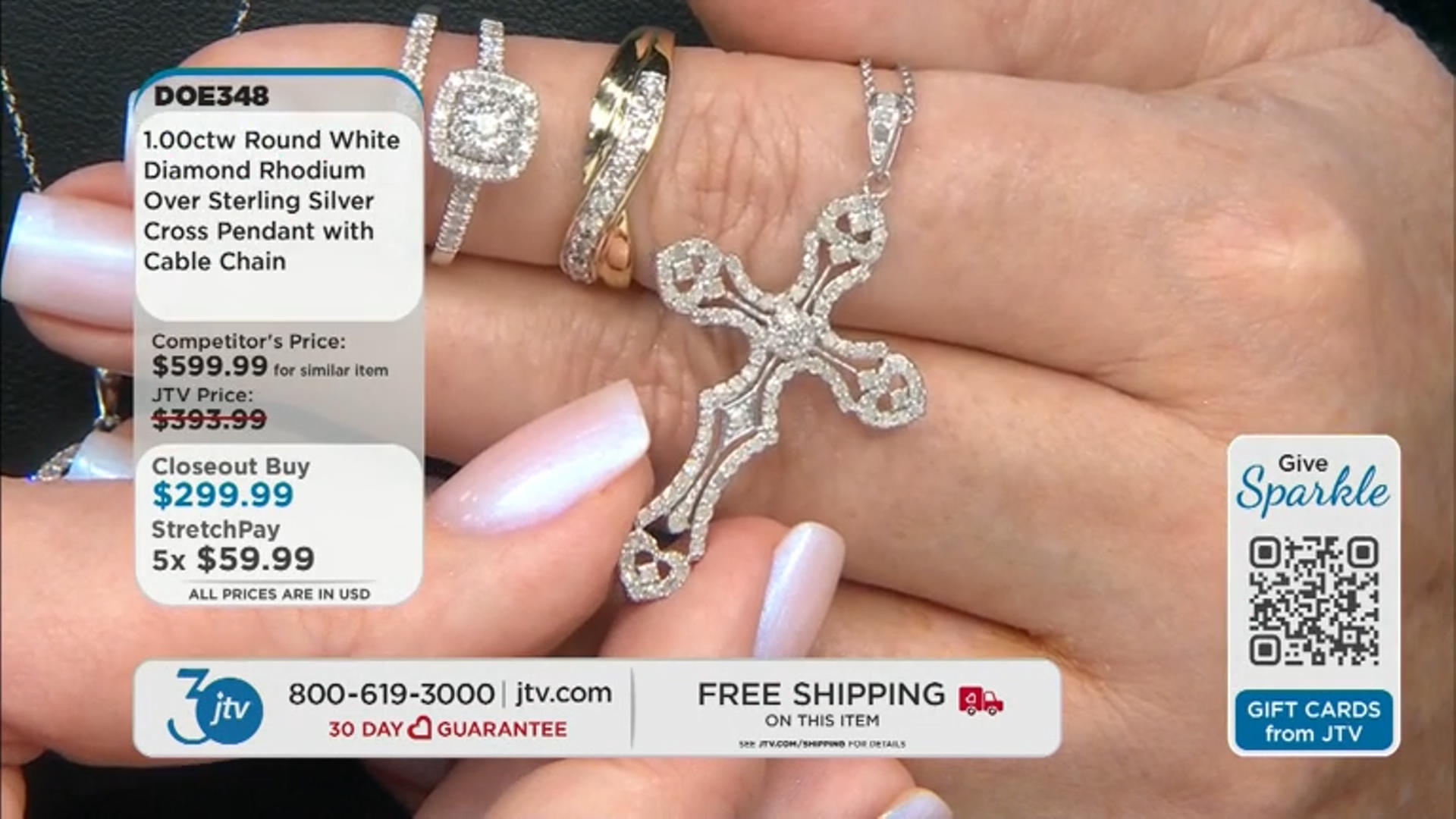White Diamond Rhodium Over Sterling Silver Cross Pendant With 18" Cable Chain 1.00ctw Video Thumbnail