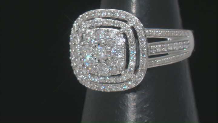 Round White Diamond 10k White Gold Cluster Ring 0.95ctw Video Thumbnail