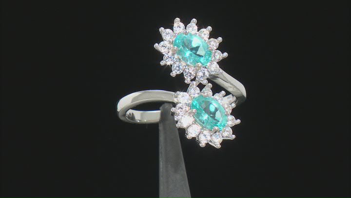 Blue Oval Apatite With White Zircon Rhodium Over Sterling Silver Bypass Ring 3.00ctw Video Thumbnail