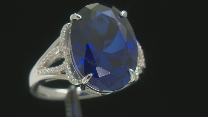 Blue Lab Created Sapphire Rhodium Over Sterling Silver Ring 10.00ctw Video Thumbnail