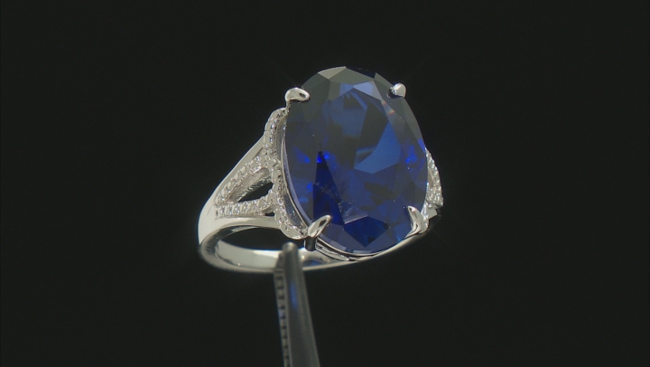 Blue Lab Created Sapphire Rhodium Over Sterling Silver Ring 10.00ctw Video Thumbnail