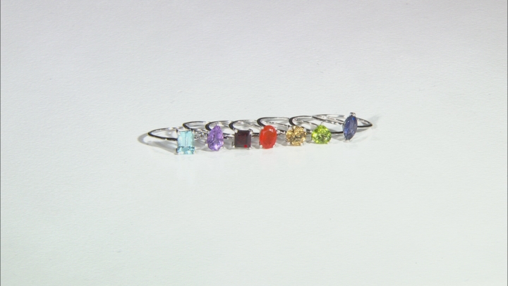 Multi Stone & Shape Rhodium Over Sterling Silver Set Of 7 Rings 5.48ctw Video Thumbnail