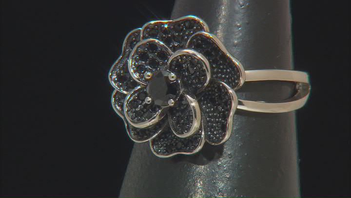 Black Spinel Rhodium Over Sterling Silver Flower Ring 1.10ctw Video Thumbnail