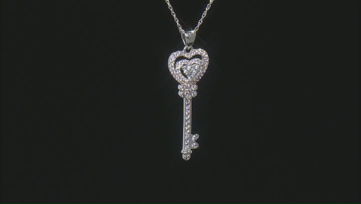 White Lab Created Sapphire Rhodium Over Sterling Silver Key Pendant With Chain. 0.92ctw Video Thumbnail