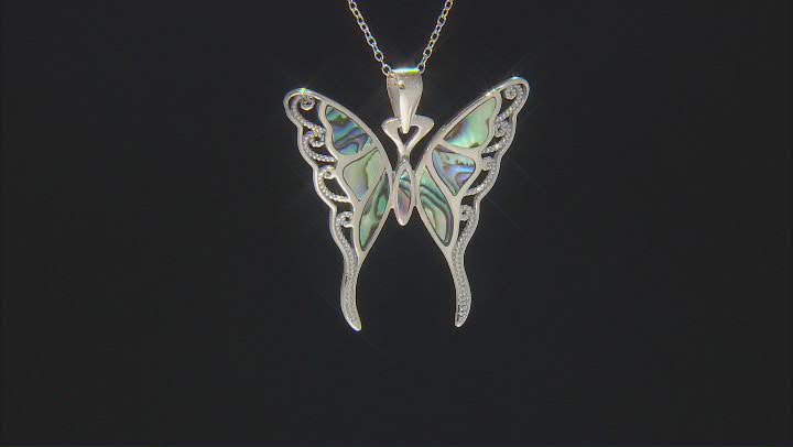 Multi Color Abalone Shell Rhodium Over Silver Butterfly Pendant With Chain Video Thumbnail