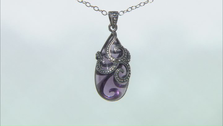 Purple Amethyst Simulant With Marcasite Sterling Silver Over Bronze Pendant With Chain Video Thumbnail