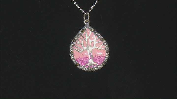 Gray Marcasite With Pink Epoxy Coloring Rhodium Over Sterling Silver Pendant With Chain 33mm x 24mm Video Thumbnail
