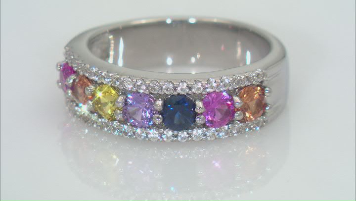 Multi-Color Lab Created Sapphire Rhodium Over Sterling Silver Ring 1.36ctw Video Thumbnail
