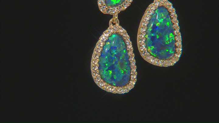 Blue Lab Created Opal 18k Yellow Gold Over Sterling Silver Dangle Earrings 0.61ctw Video Thumbnail