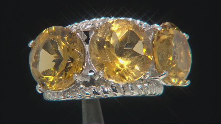 Yellow Brazilian Citrine Rhodium Over Sterling Silver 3-Stone Ring 18.00ctw Video Thumbnail