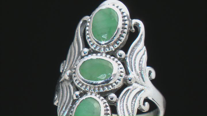 Green Emerald Sterling Silver 3-Stone Ring. 1.50ctw Video Thumbnail