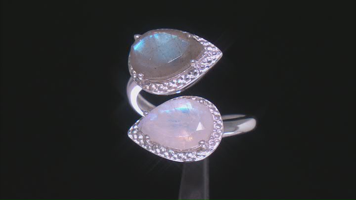 White Rainbow Moonstone Sterling Silver Bypass Ring Video Thumbnail
