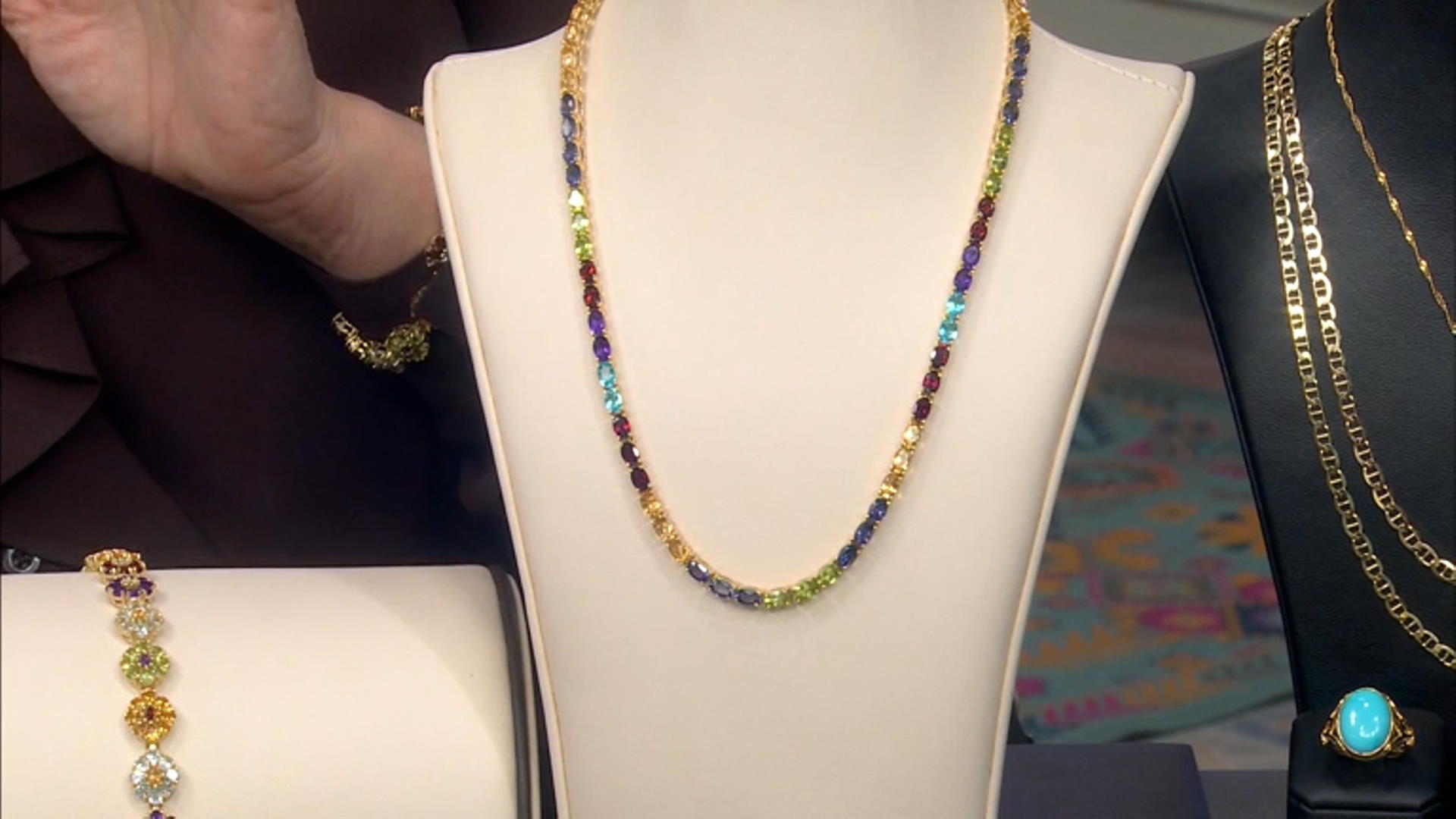 Multi-Color Multi Gemstone 18K Yellow Gold Over Sterling Silver Tennis Necklace 29.18ctw Video Thumbnail