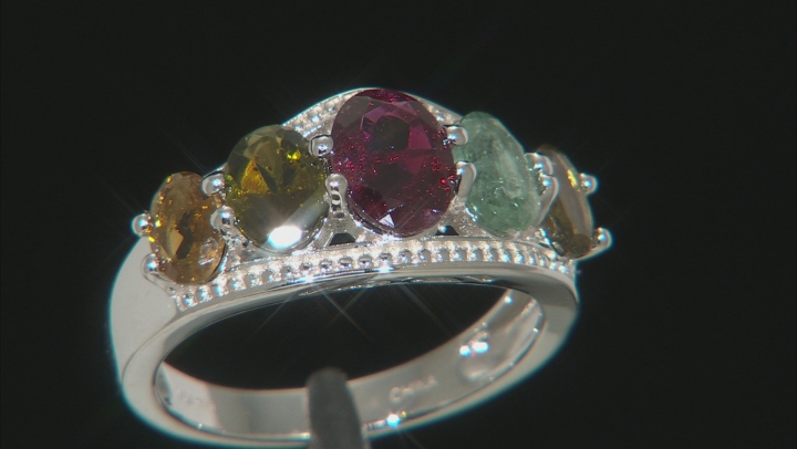 Multi-color Tourmaline Rhodium Over Sterling Silver Band Ring 3.56ctw Video Thumbnail