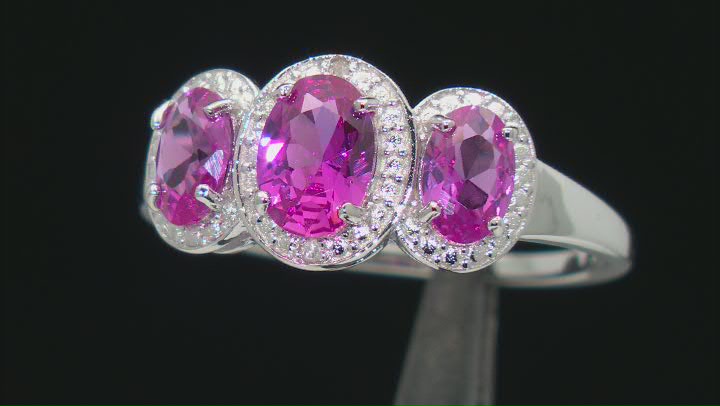 Pink Lab Created Sapphire Rhodium Over Sterling Silver 3-Stone Ring 1.81ctw Video Thumbnail
