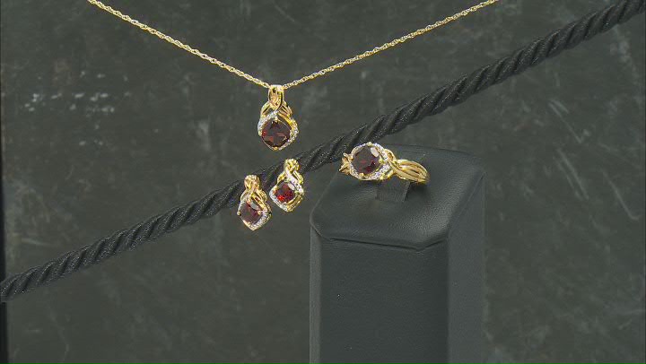 Red Garnet 14k Yellow Gold Over Sterling Silver Ring, Earrings, & Pendant With Chain Set 4.71ctw Video Thumbnail