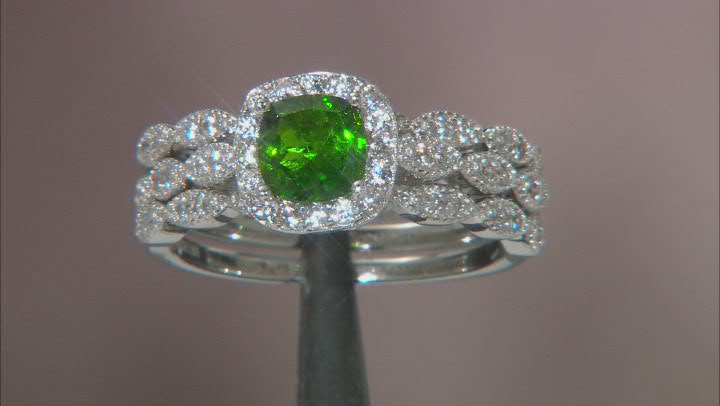 Green Chrome Diopside Rhodium Over Sterling Silver Ring Set 1.58ctw Video Thumbnail