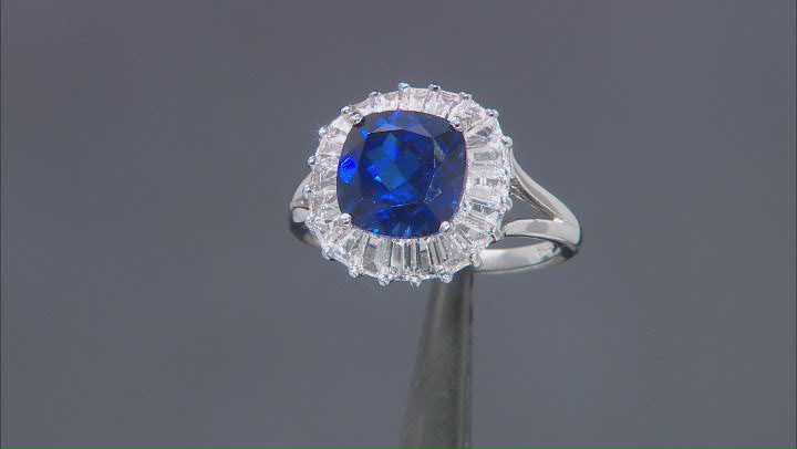 Blue Lab Created Sapphire Rhodium Over Sterling Silver Ring 5.09ctw Video Thumbnail