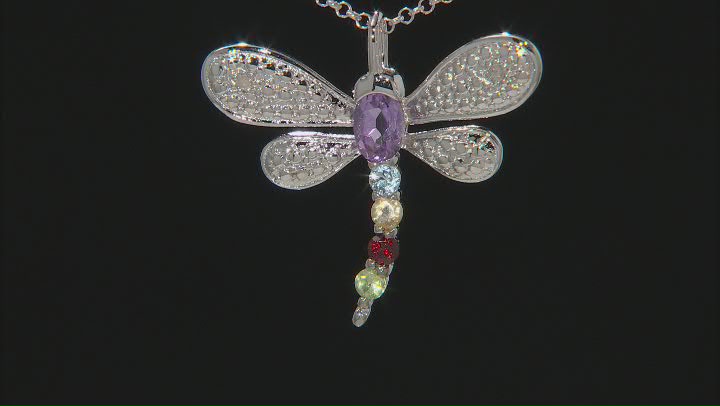 Multicolor Multi-Gemstone Rhodium Over Sterling Silver Dragonfly Pendant With Chain 0.79ctw Video Thumbnail