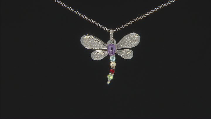 Multicolor Multi-Gemstone Rhodium Over Sterling Silver Dragonfly Pendant With Chain 0.79ctw Video Thumbnail
