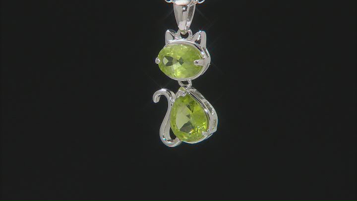 Green Peridot Rhodium Over Sterling Silver Cat Pendant With Chain 2.50ctw Video Thumbnail