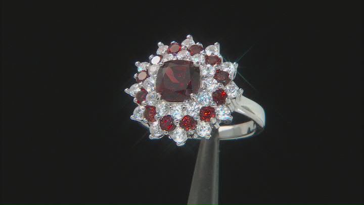 Red Garnet Rhodium Over Sterling Silver Cluster Ring 4.11ctw Video Thumbnail