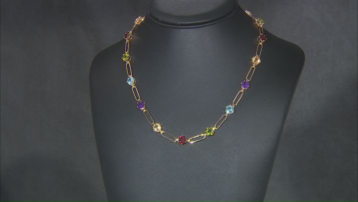 Multicolor Multi-Gemstone 18k Yellow Gold Over Sterling Silver Paperclip Station Necklace 16.00ctw Video Thumbnail