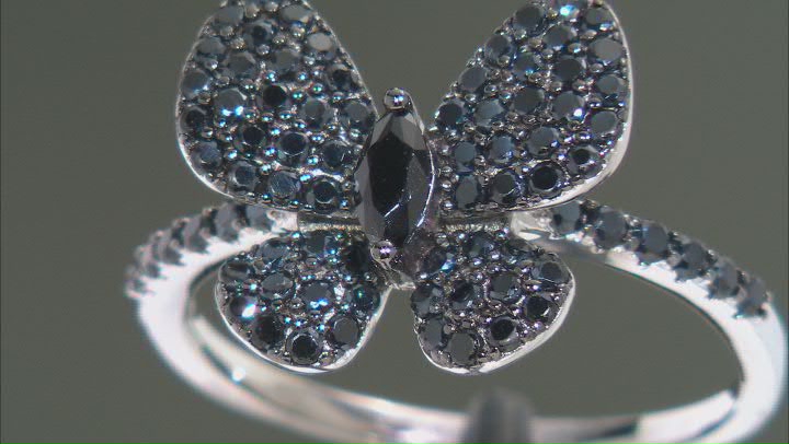 Black Spinel Rhodium Over Sterling Silver Butterfly Ring 0.90ctw Video Thumbnail