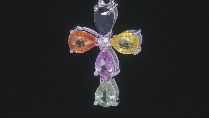 Multi-Sapphire Rhodium Over Sterling Silver Cross Pendant with Chain 0.92ctw Video Thumbnail