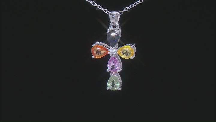 Multi-Sapphire Rhodium Over Sterling Silver Cross Pendant with Chain 0.92ctw Video Thumbnail