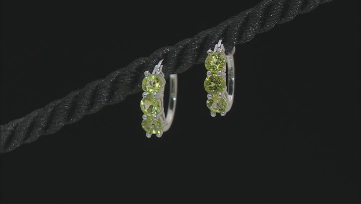 Green Peridot Rhodium Over Sterling Silver 3-Stone Hoop Earrings 1.60ctw Video Thumbnail