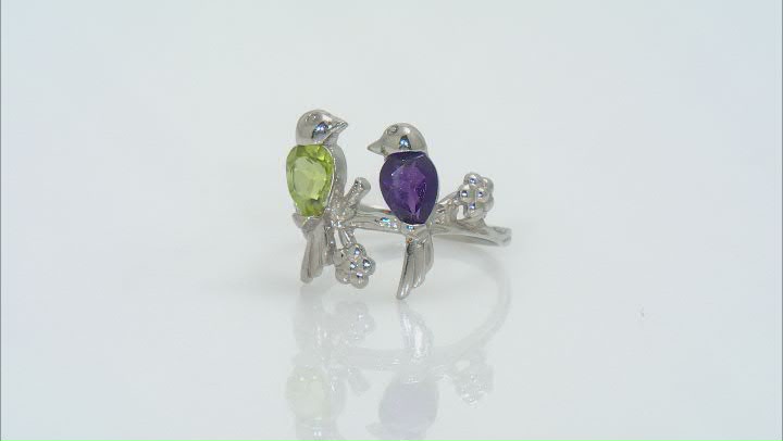 Purple Amethyst Rhodium Over Sterling Silver "Love Birds" Ring 0.90ctw Video Thumbnail