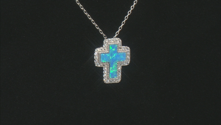 Blue Lab Created Opal Rhodium Over Sterling Silver Cross Pendant with Chain 0.34ctw Video Thumbnail