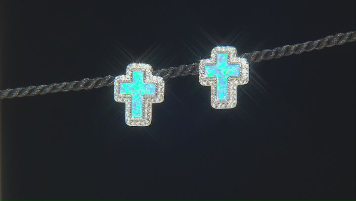 Blue Lab Created Opal Rhodium Over Sterling Silver Cross Earrings 0.67ctw Video Thumbnail